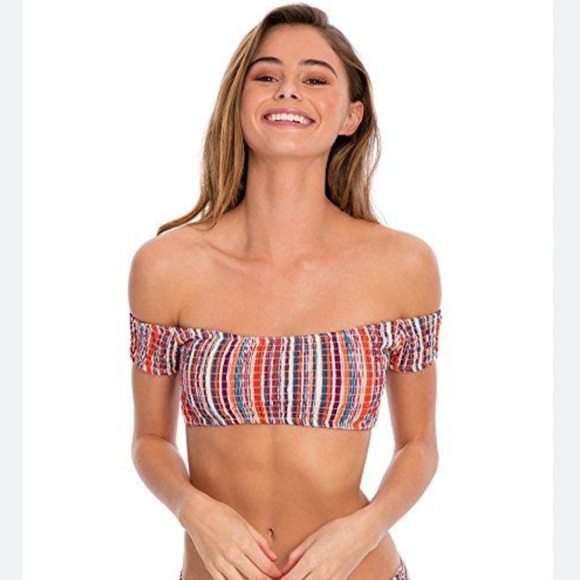 Cabana Del Sol Smocked Multi Colored Stripe Bikini Top Size Large - Picture 1 of 12